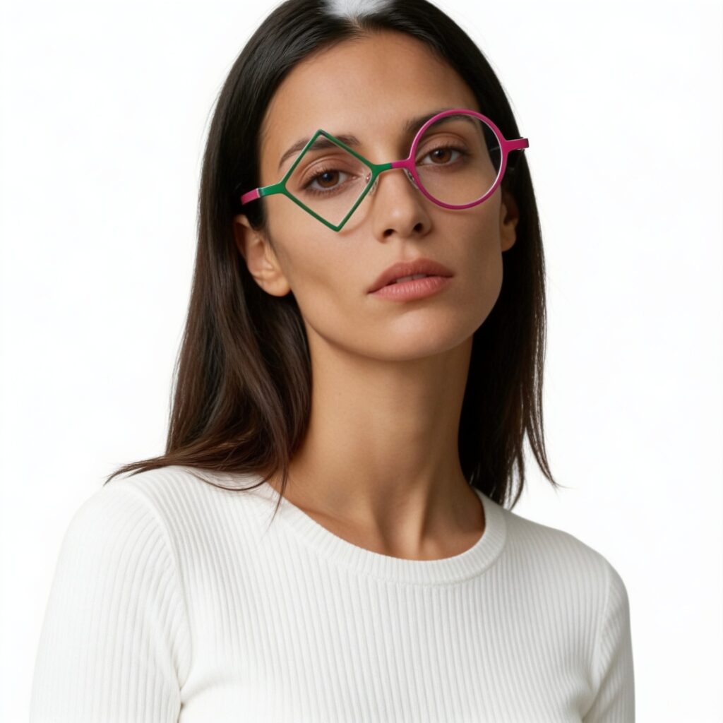Oprawki DET'KO Pink – tytanowe okulary różowo-zielone unisex, certyfikat CE, materiał bez szkodliwych substancji